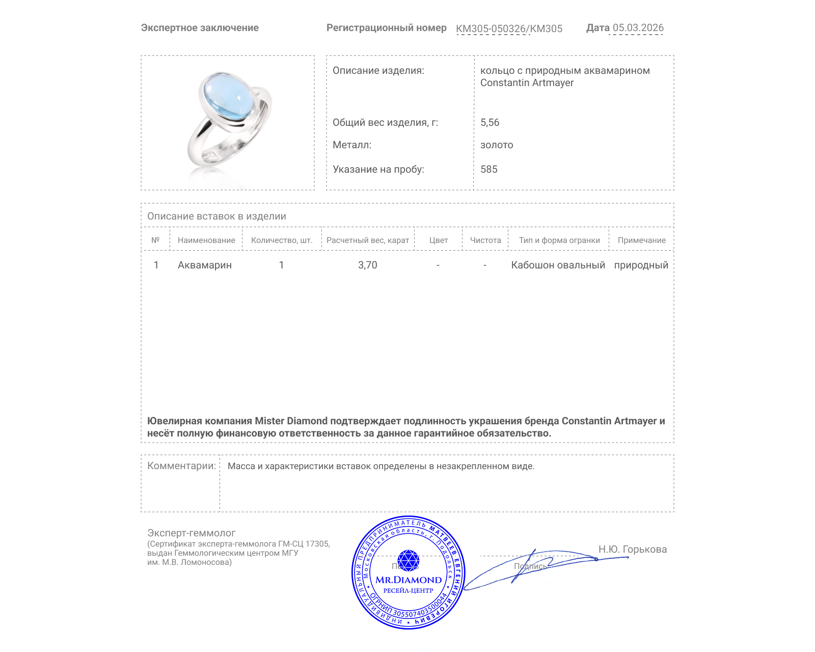 Оригинальное золотое кольцо с аквамарином 3.70ct Constantin Artmayer