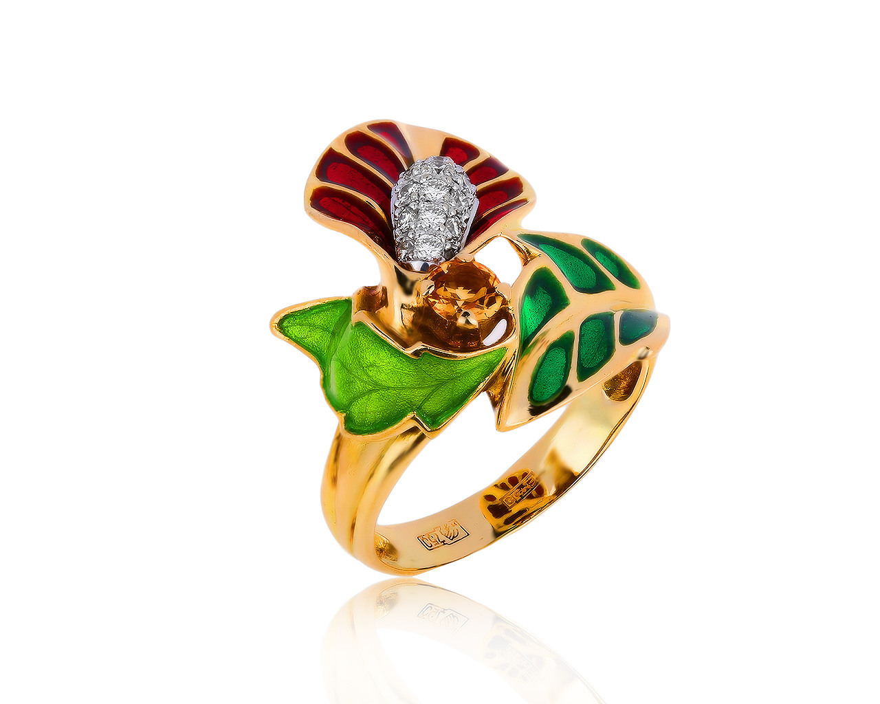 Шикарное золотое кольцо с эмалью и цитрином 0.18ct 101019/14 Шикарное золотое кольцо с эмалью и цитрином 0.18ct 101019/14