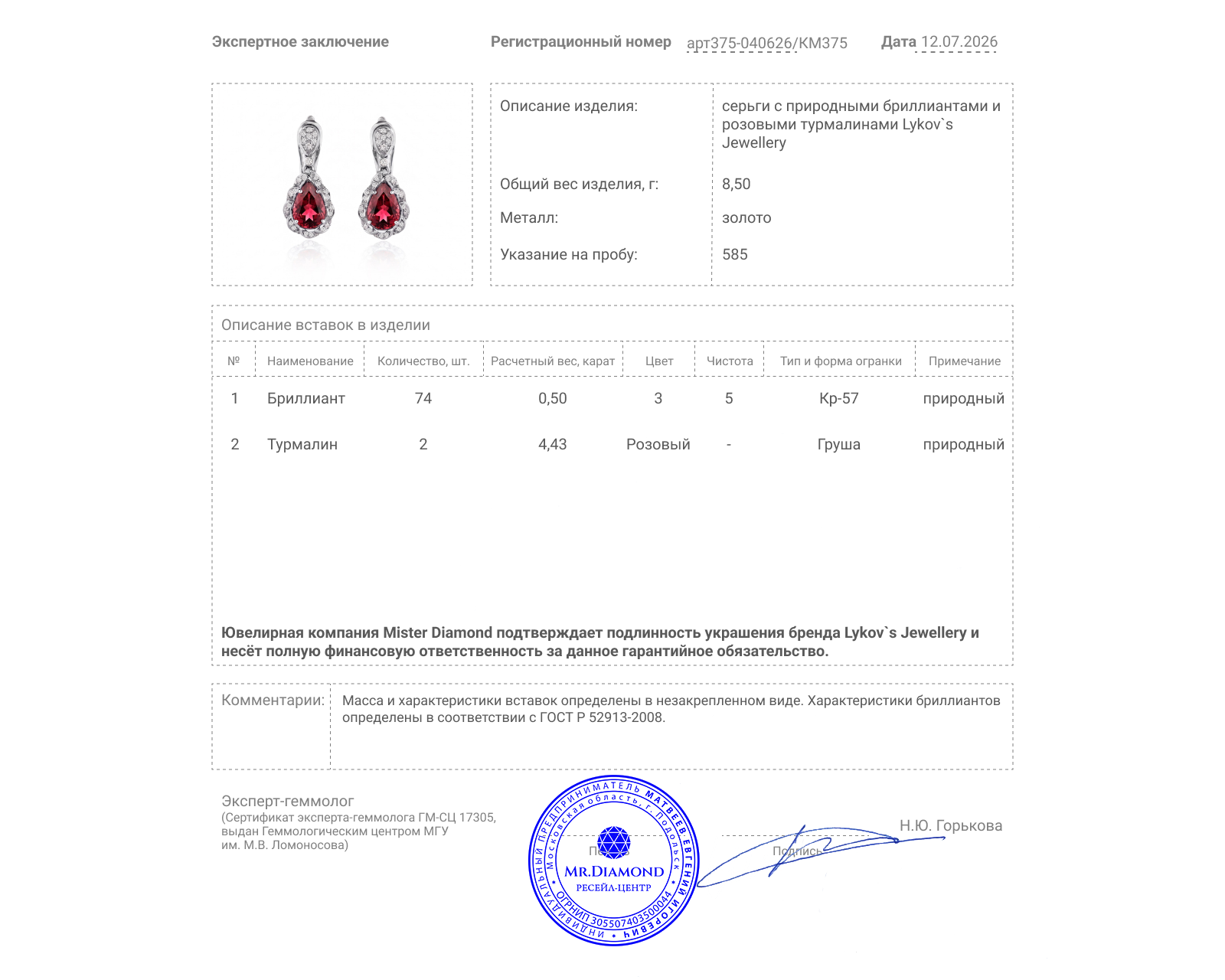 Оригинальные золотые серьги с розовыми турмалинами 4.43ct Lykov`s Jewellery