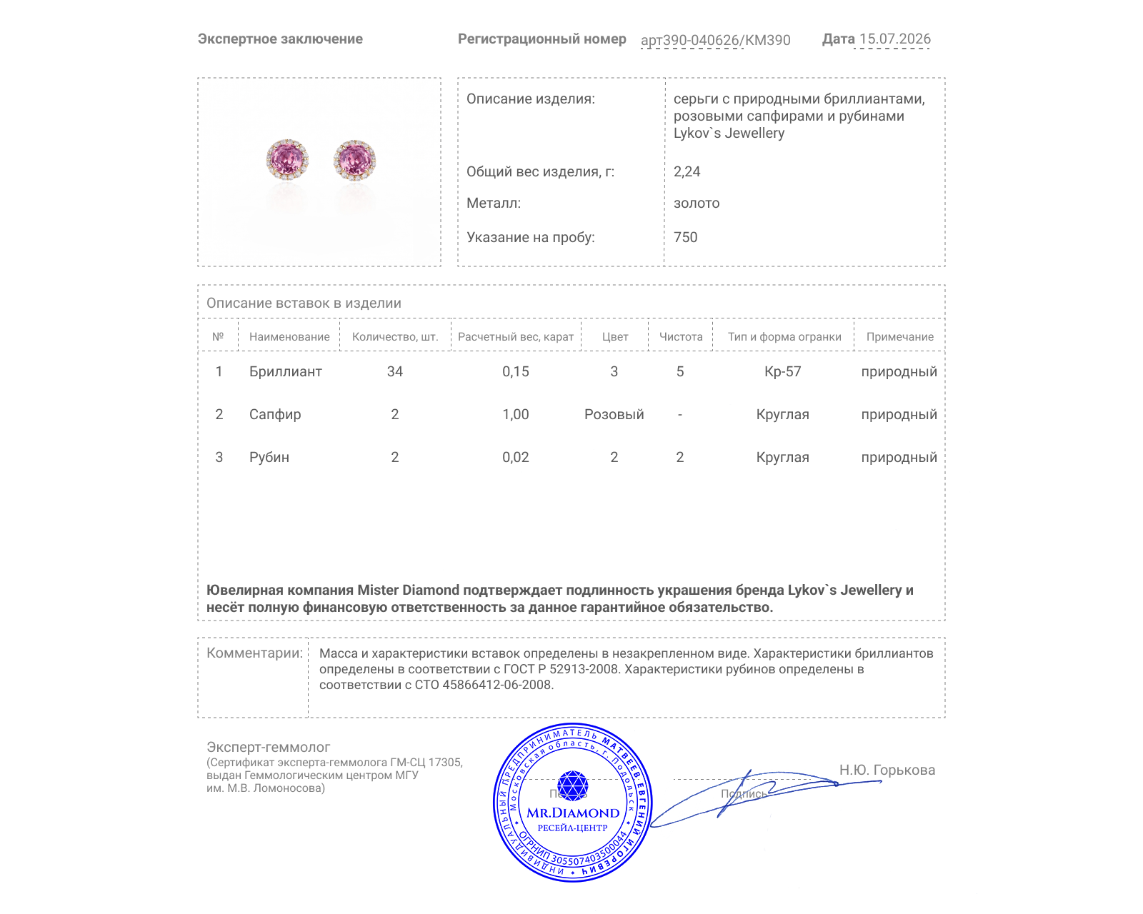 Оригинальные золотые серьги с розовыми сапфирами 1.00ct Lykov`s Jewellery