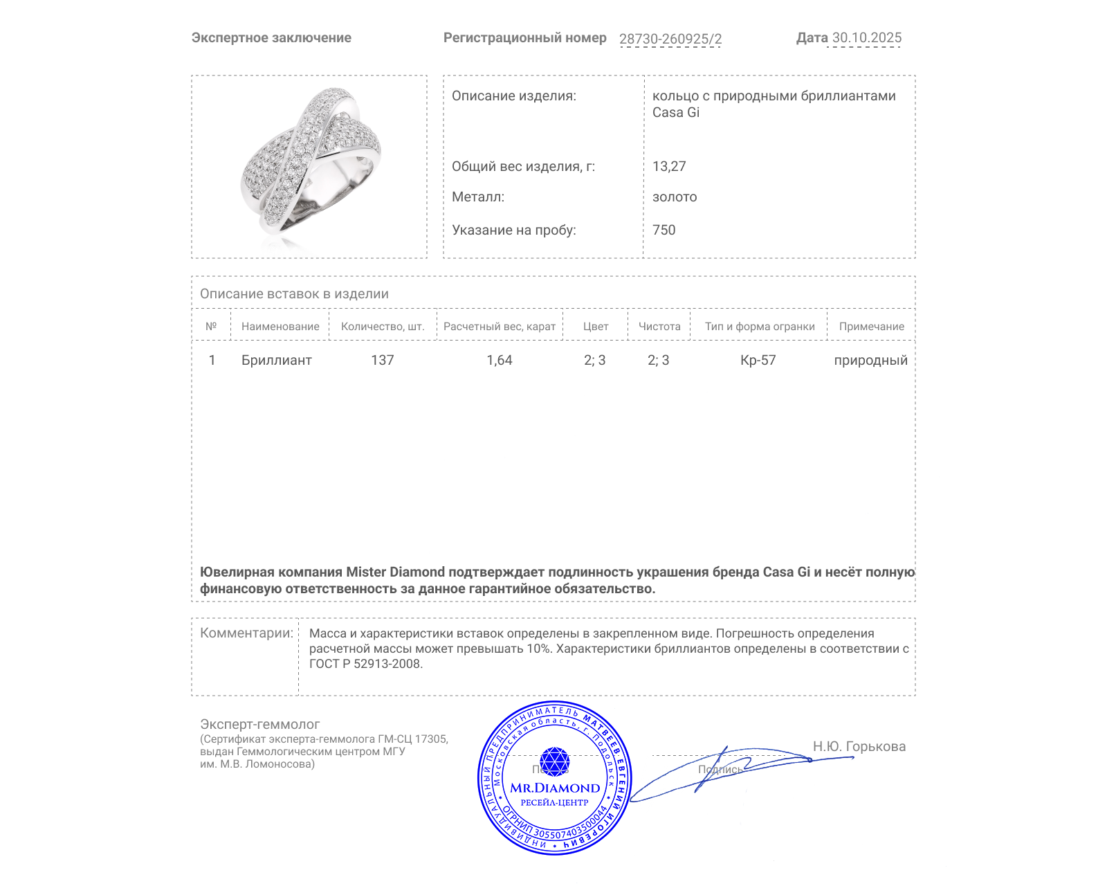 Оригинальное золотое кольцо с бриллиантами 1.64ct Casa Gi