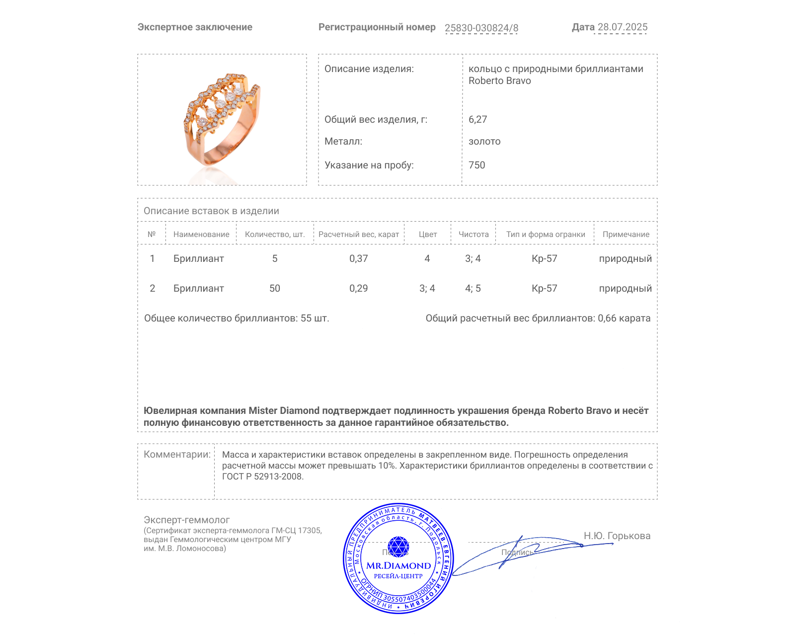 Золотое кольцо с бриллиантами 0.66ct
