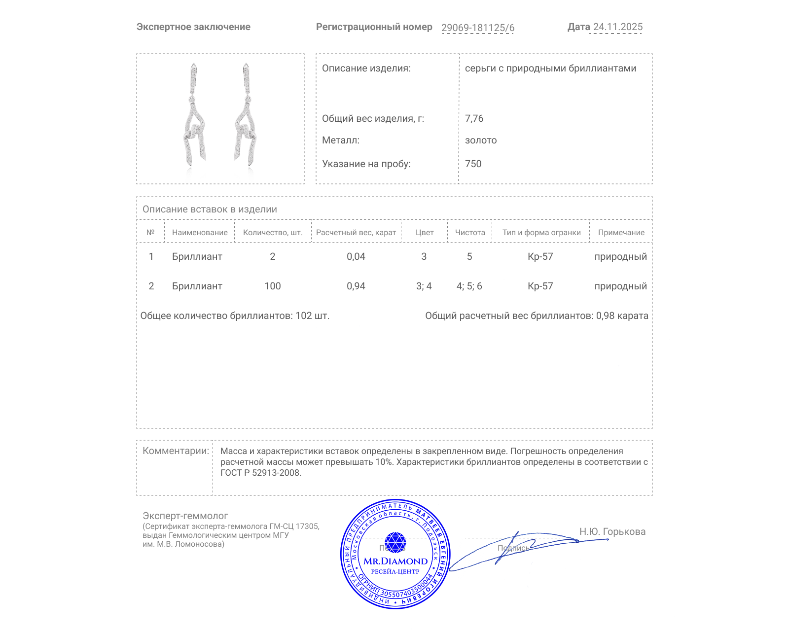 Золотые серьги с бриллиантами 0.98ct