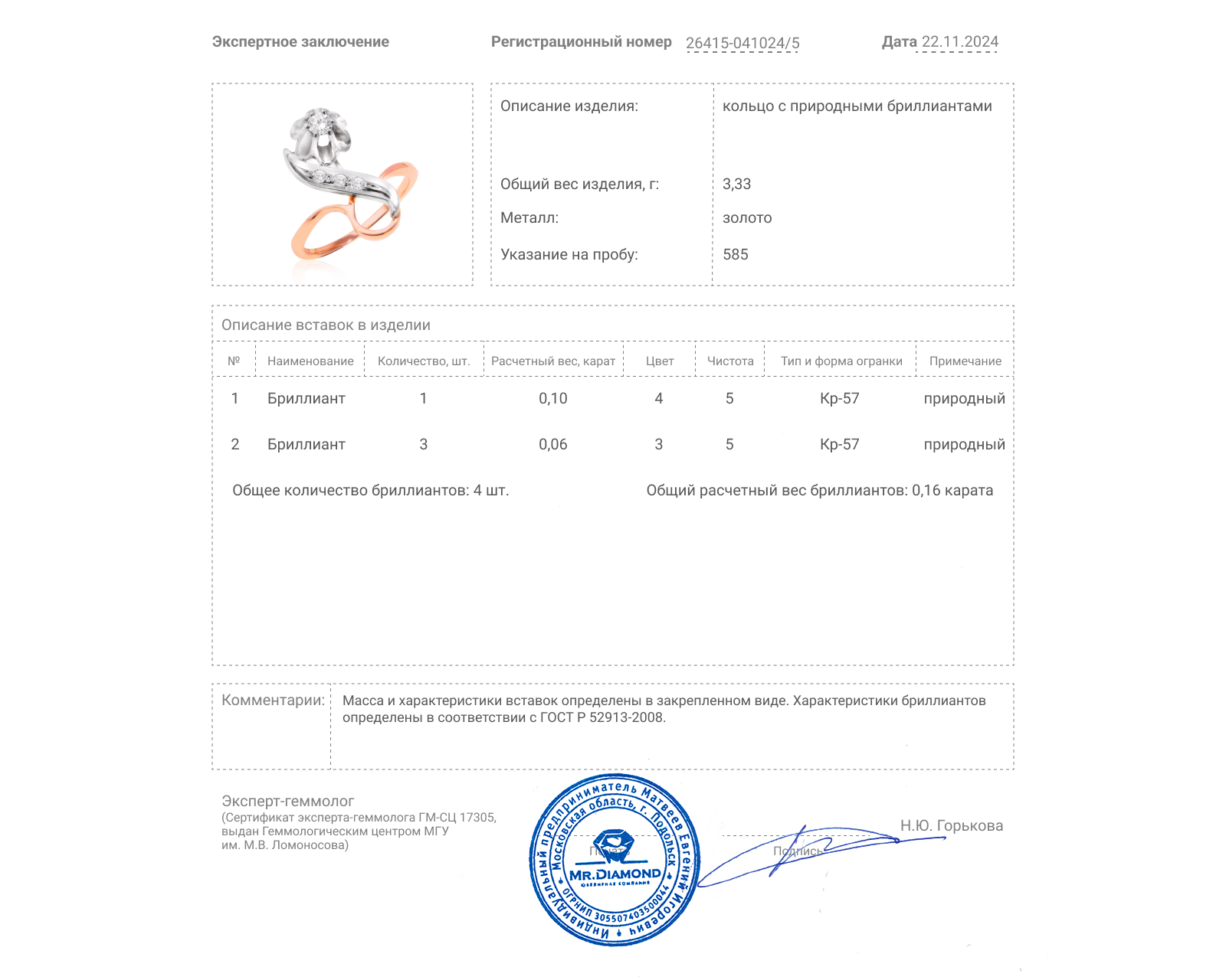 Золотое кольцо с бриллиантами 0.16ct