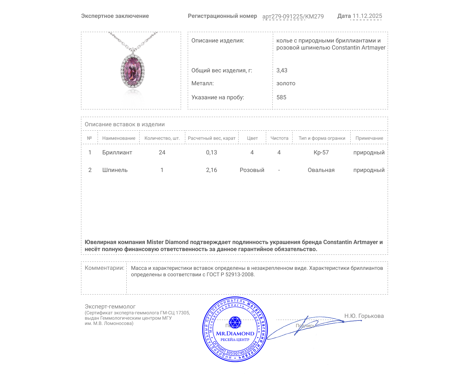 Оригинальное золотое колье со шпинелью 2.16ct Constantin Artmayer