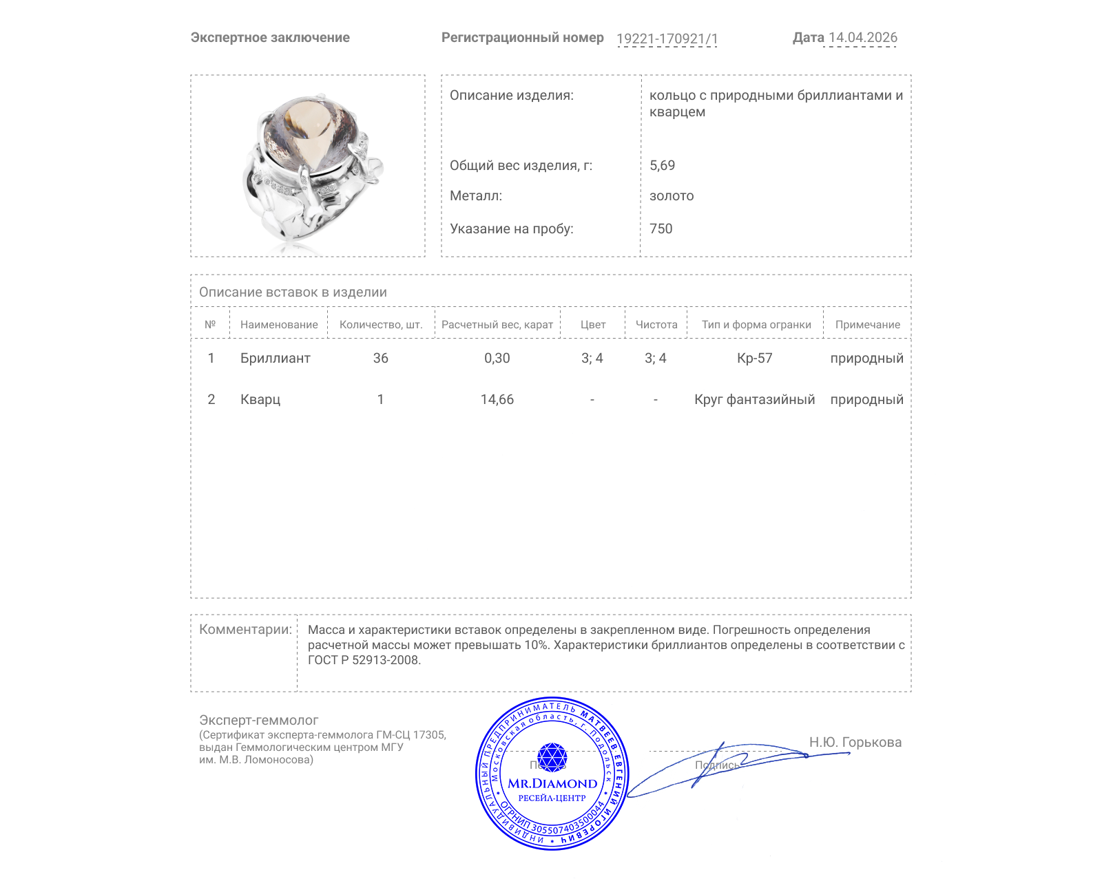 Изумительное золотое кольцо с кварцем 14.66ct