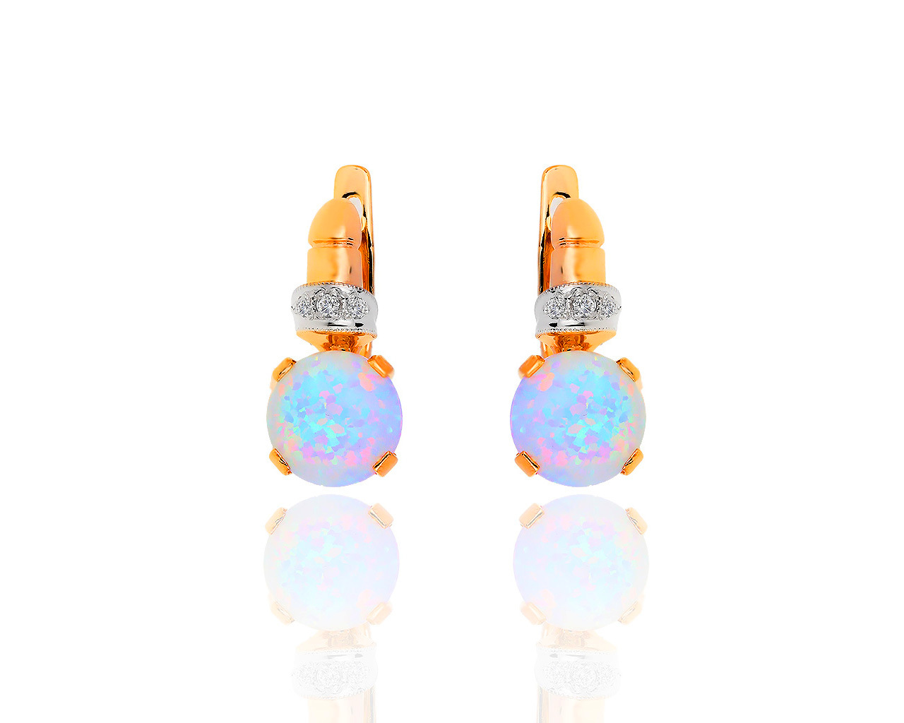 Интересные золотые серьги с искусственными опалами и бриллиантами 0.07ct 010719/16