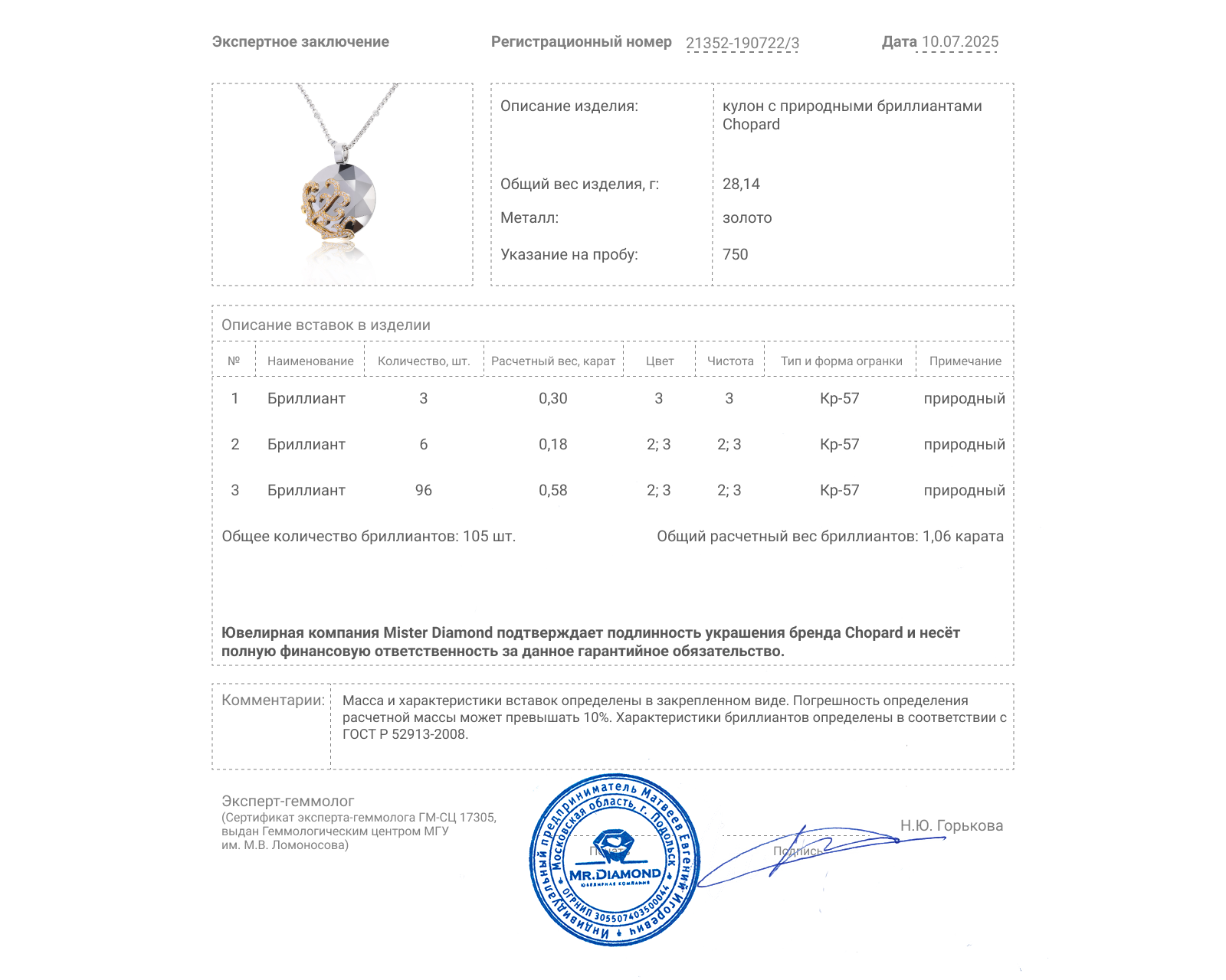 Оригинальный золотой кулон с бриллиантами 1.06ct Chopard