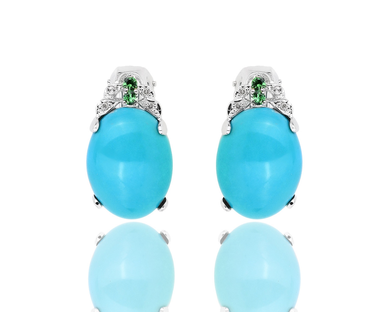 Золотые серьги с бирюзой, хризолитами и бриллиантами 0.06ct 080818/1