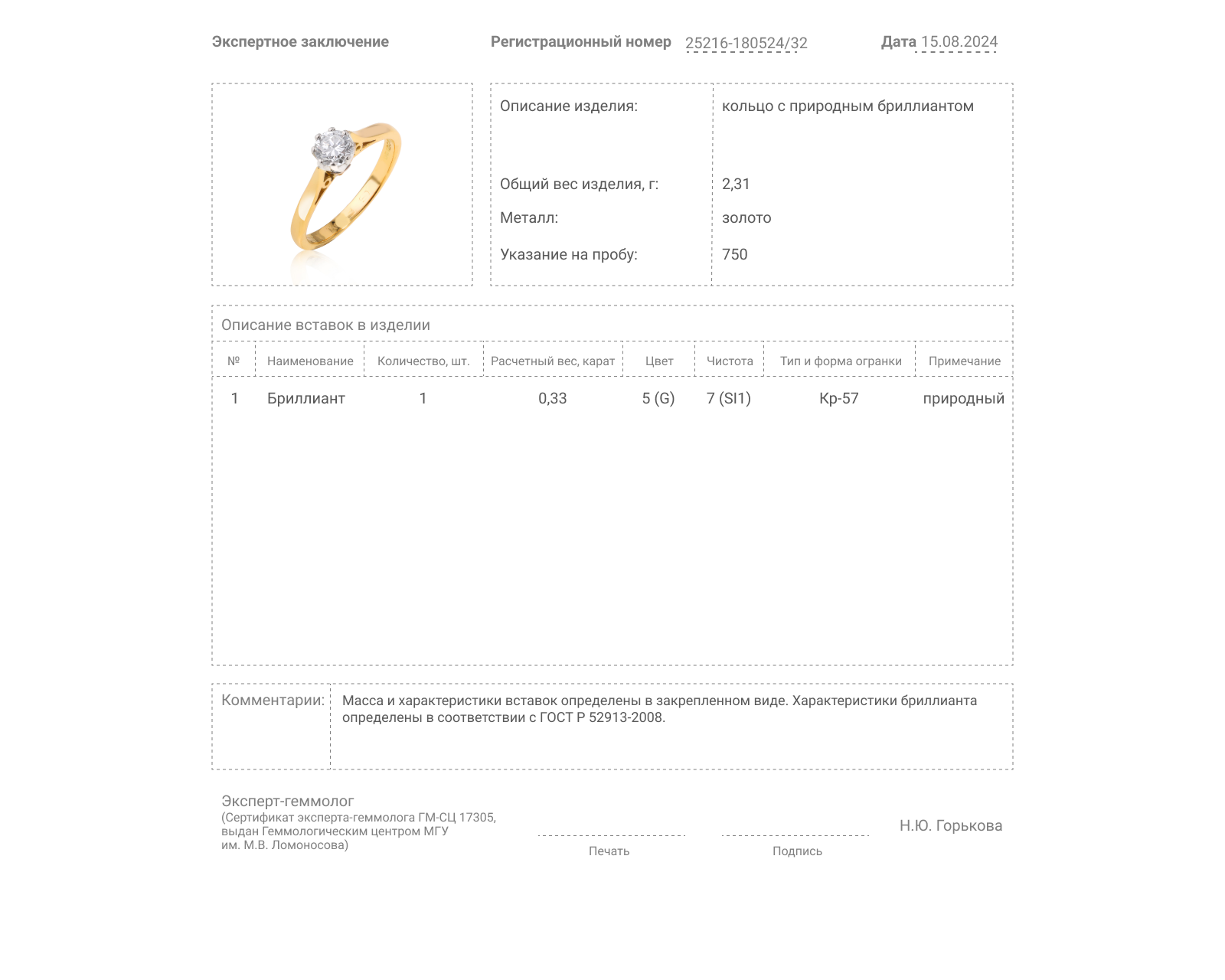 Золотое кольцо с бриллиантом 0.33ct