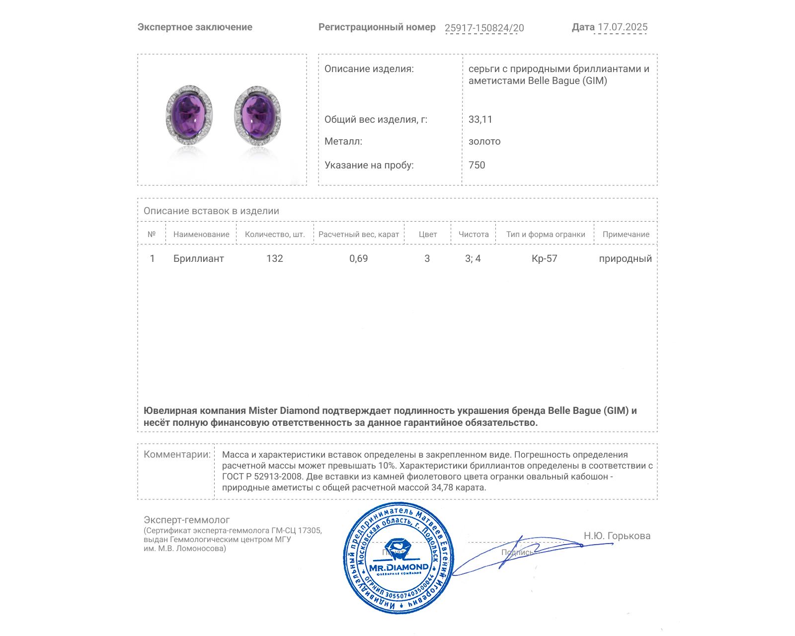 Оригинальные золотые серьги с аметистами 34.78ct Belle Bague (GIM)