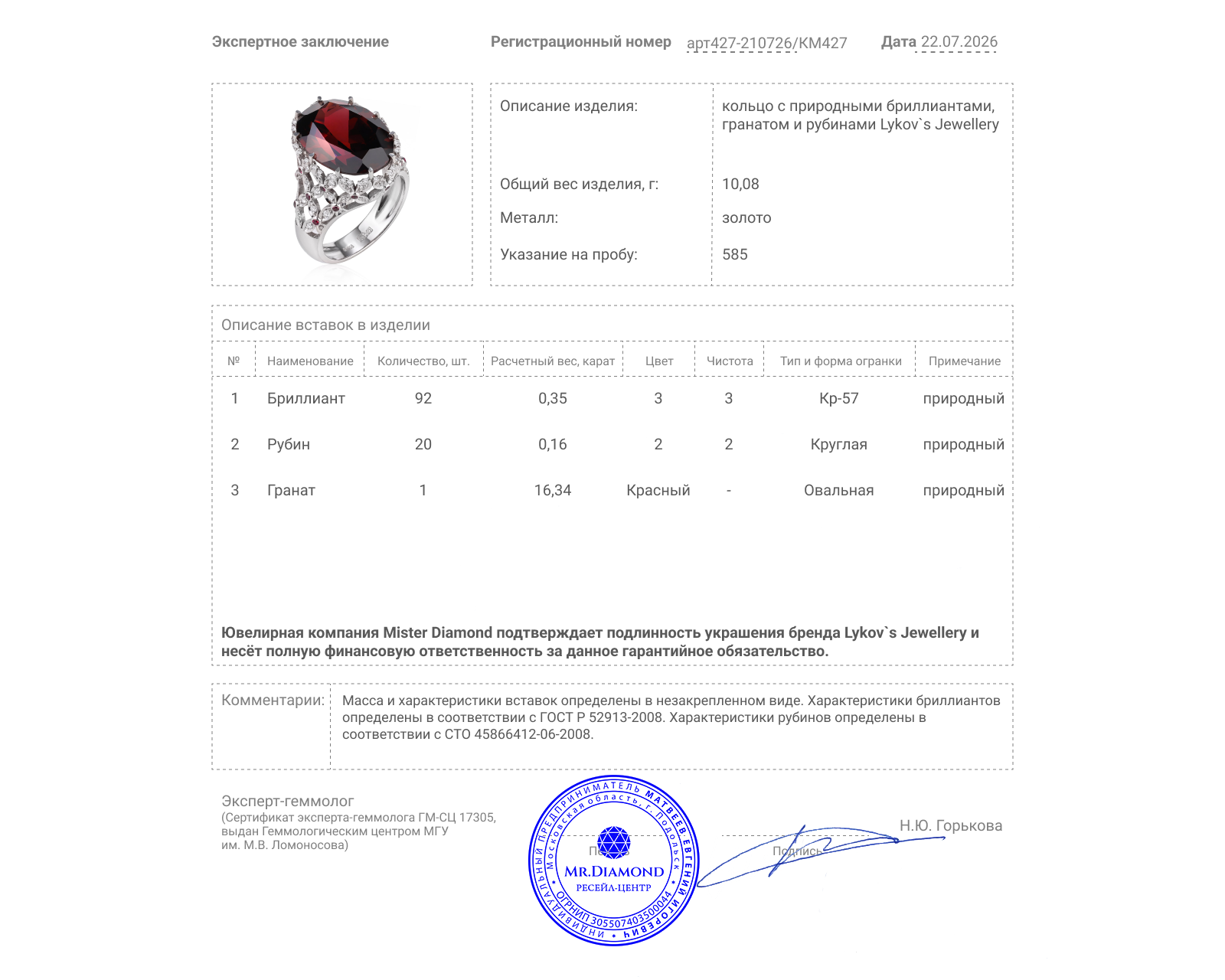 Оригинальное золотое кольцо с гранатом 16.34ct Lykov`s Jewellery