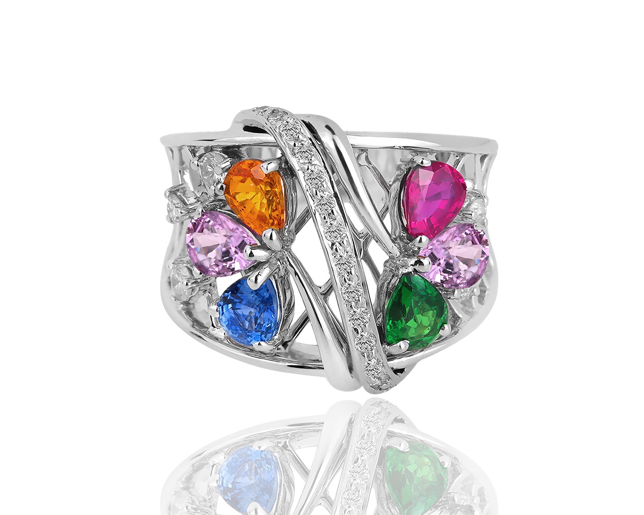 Яркое золотое кольцо с бриллиантами и цветными камнями 121118/3