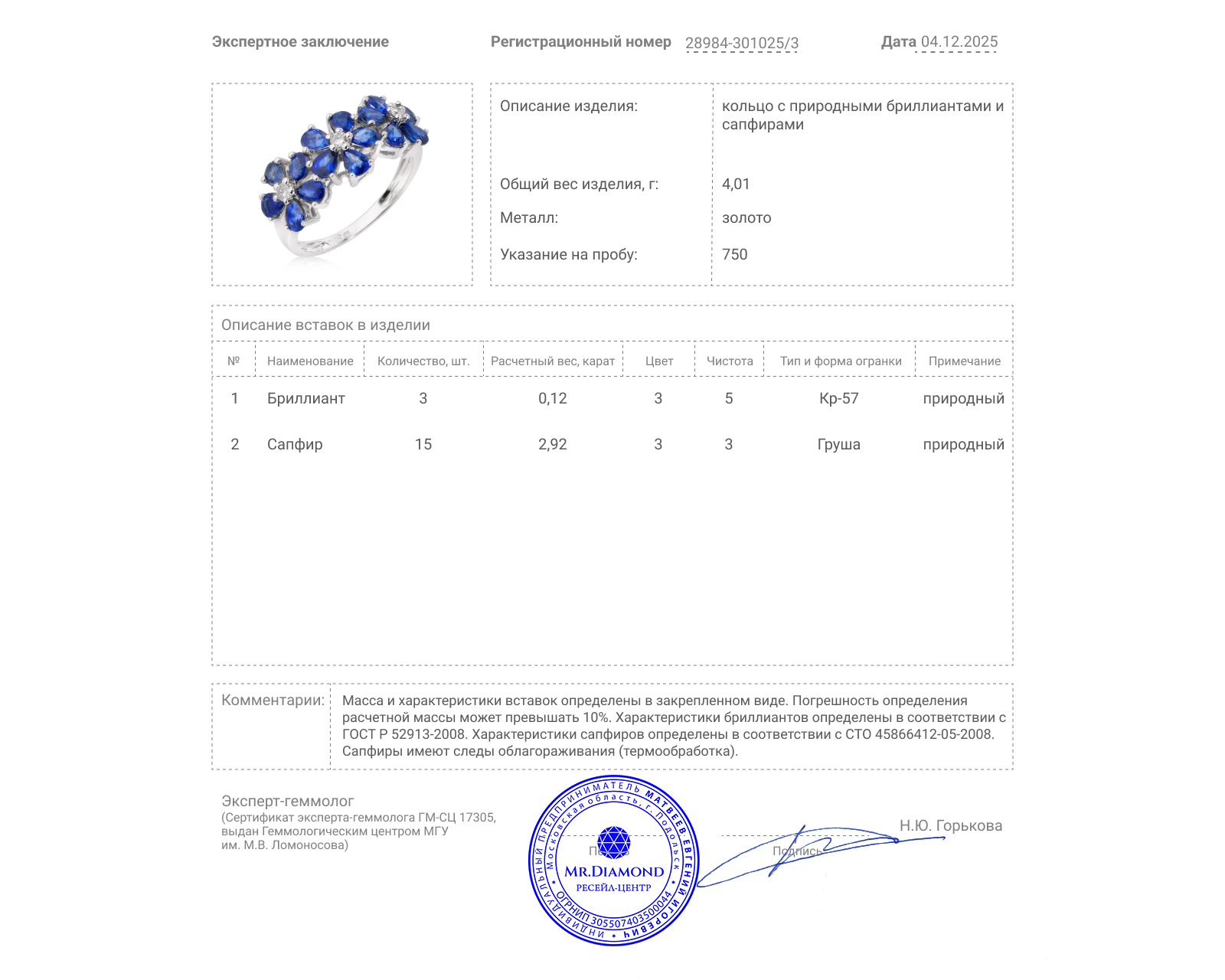 Золотое кольцо с сапфирами 2.92ct и бриллиантами 0.12ct