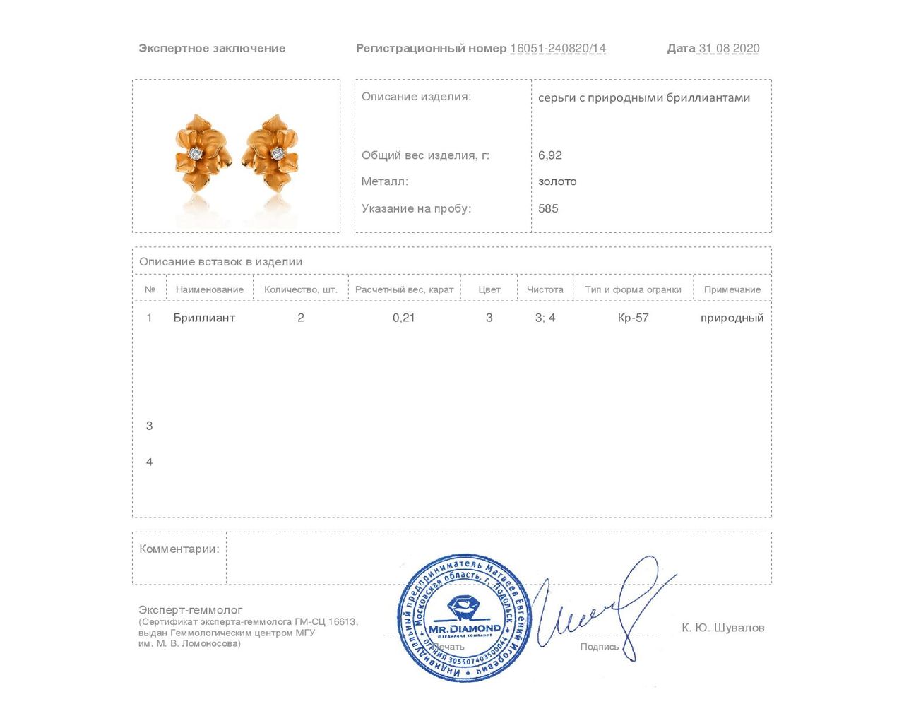 Завораживающие золотые серьги с бриллиантами 0.21ct