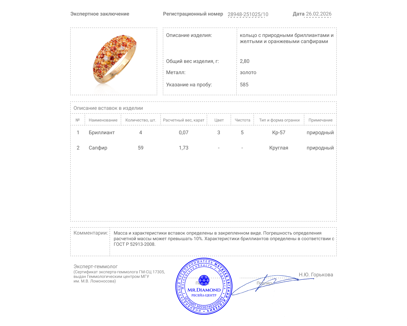 Золотое кольцо с сапфирами 1.73ct и бриллиантами 0.07ct