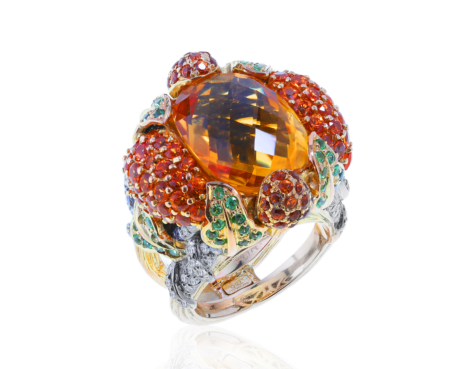 Коктейльное золотое кольцо с цветными камнями 21.95ct