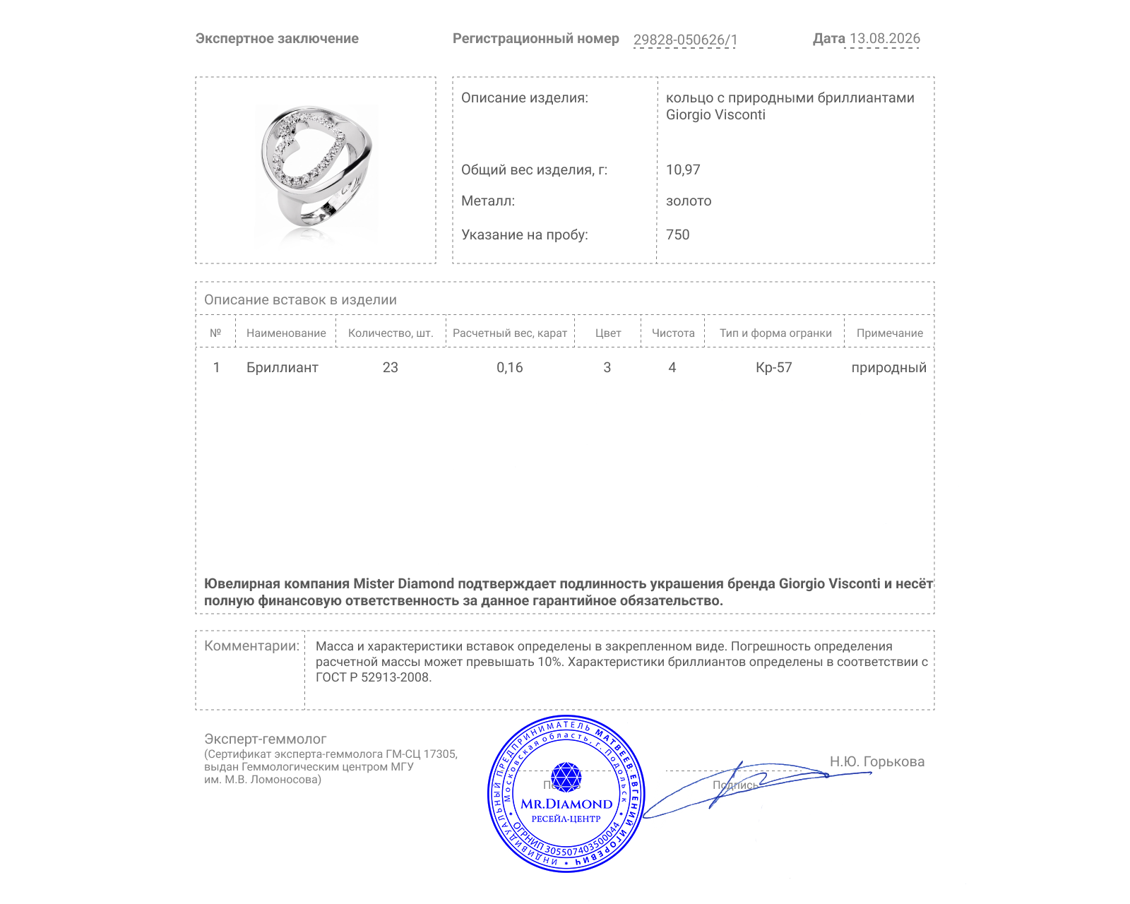 Оригинальное золотое кольцо с бриллиантами 0.16ct Giorgio Visconti