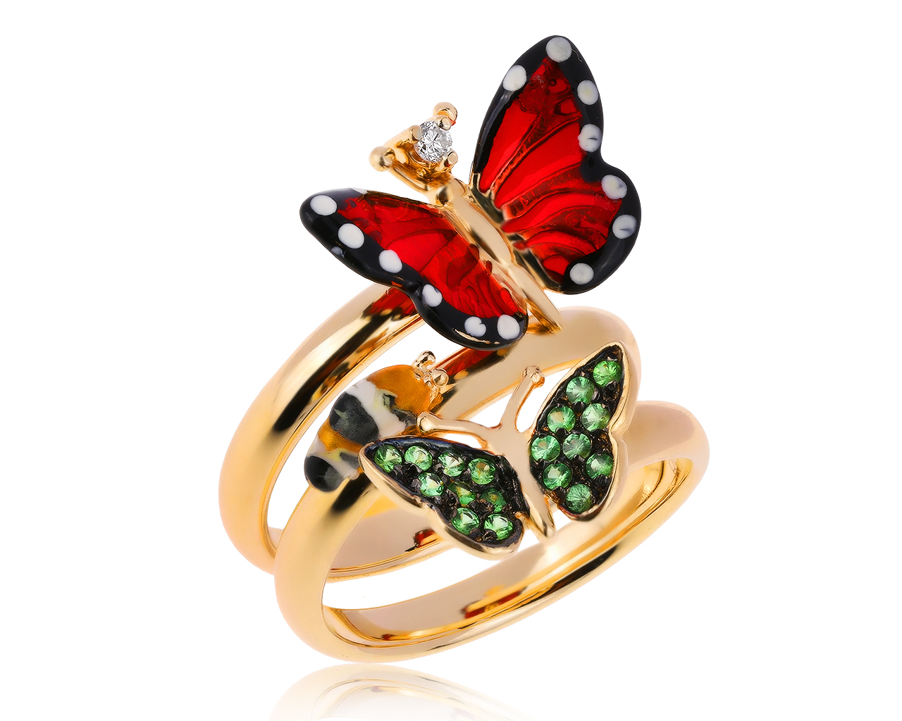 Оригинальное золотое кольцо с тсаворитами 0.12ct Roberto Bravo Monarch Butterfly