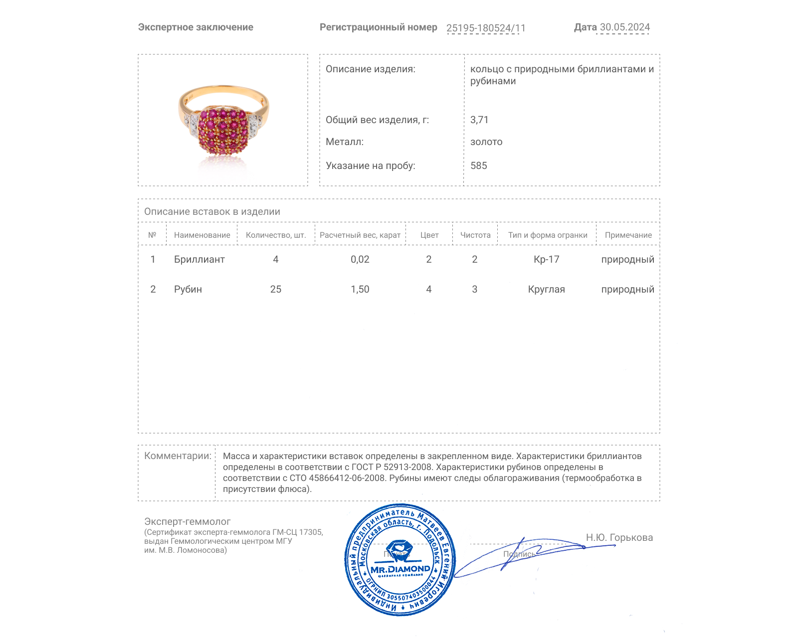 Золотое кольцо с рубинами 1.50ct и бриллиантами 0.02ct