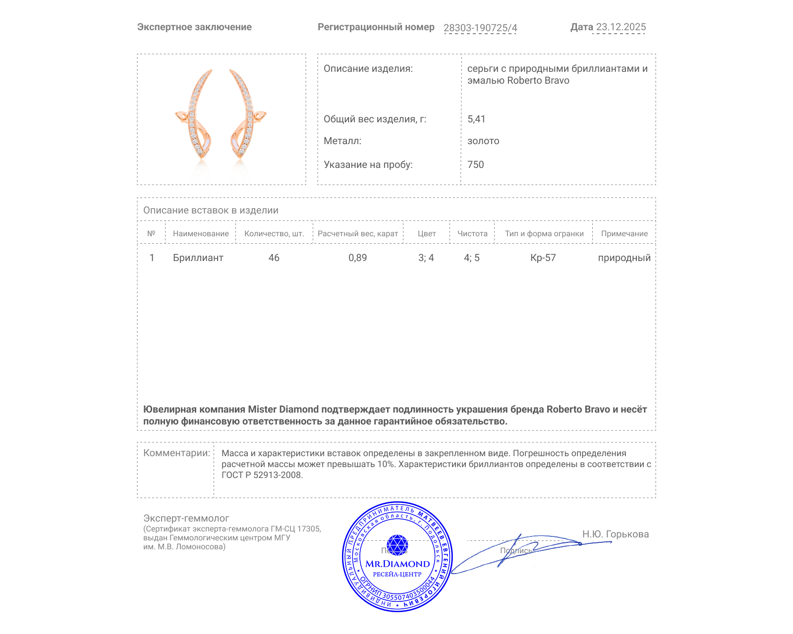 Оригинальные золотые серьги с бриллиантами 0.89ct Roberto Bravo
