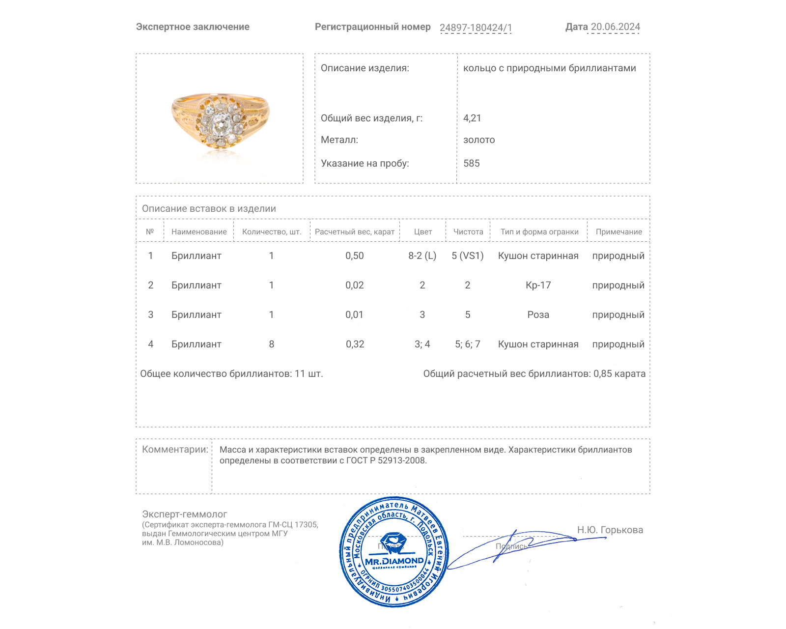 Золотое кольцо с бриллиантами 0.84ct