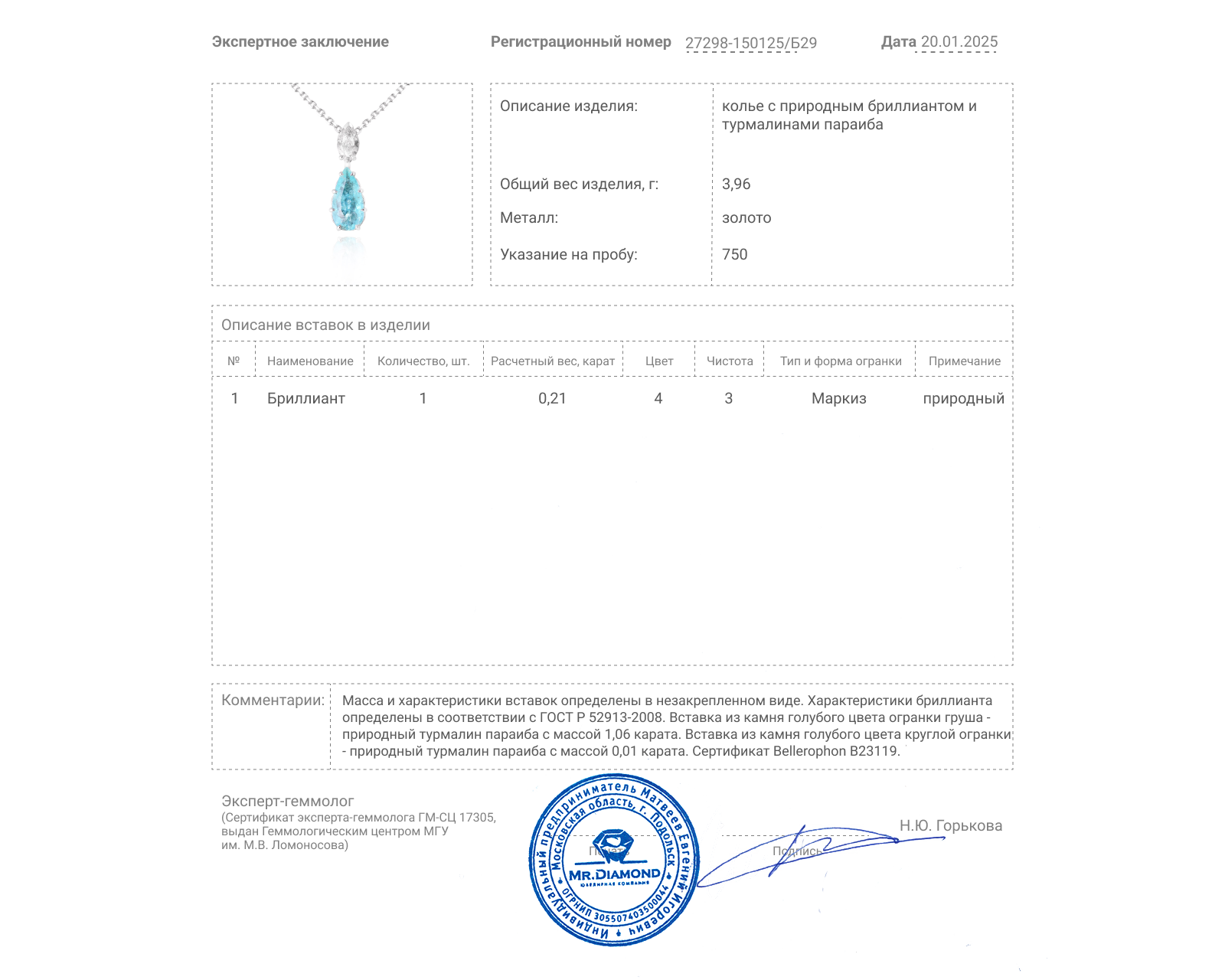 Золотое колье с турмалинами параиба 1.07ct Evgeny Matveev