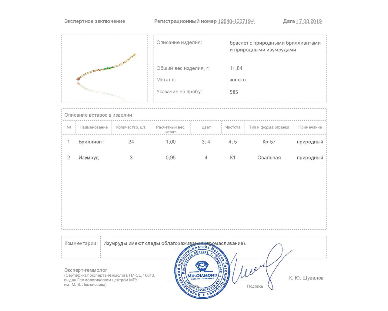 Достойный золотой браслет с изумрудами 0.95ct и бриллиантами 1.00ct