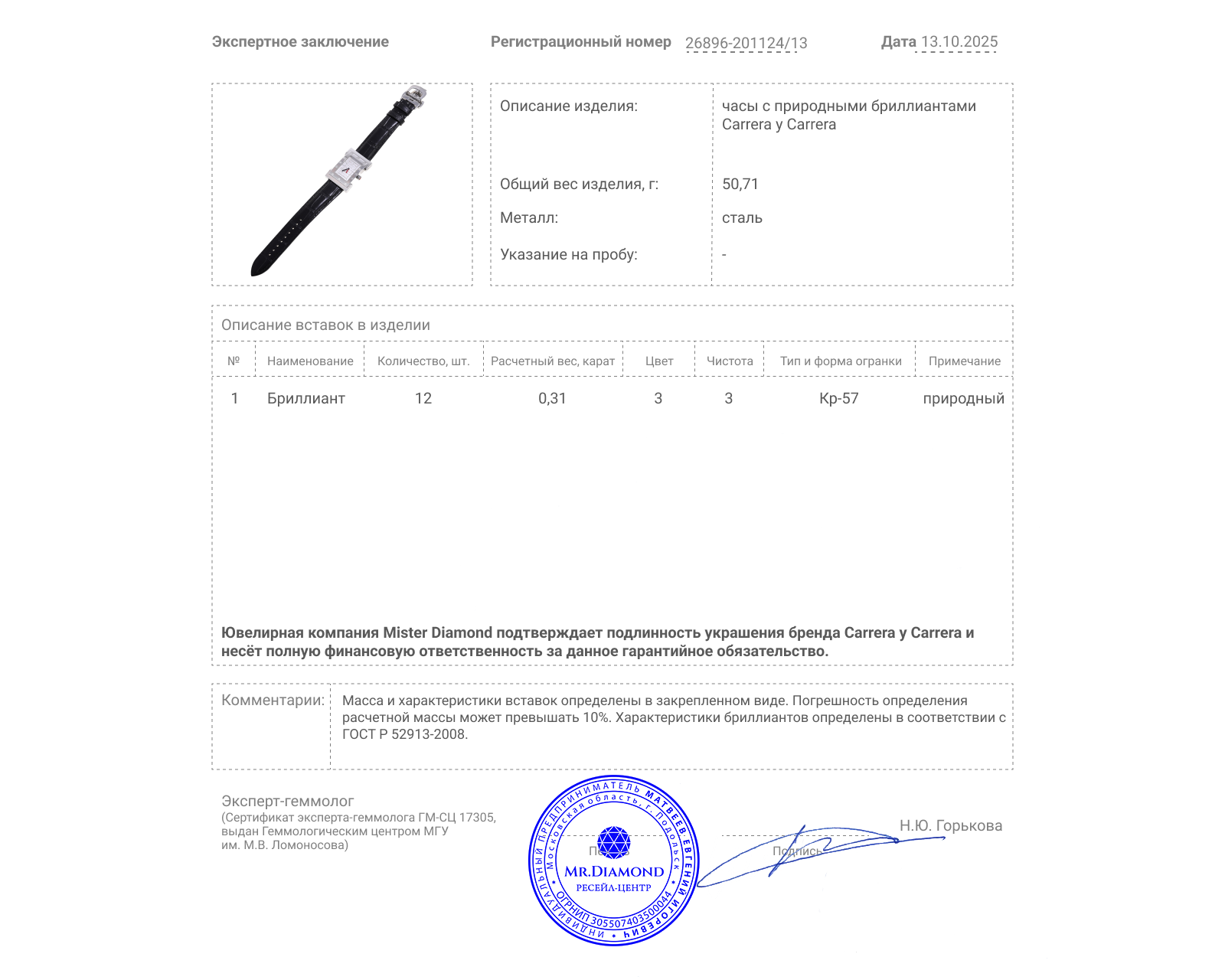 Оригинальные стальные часы Carrera y Carrera Tempus Fugit