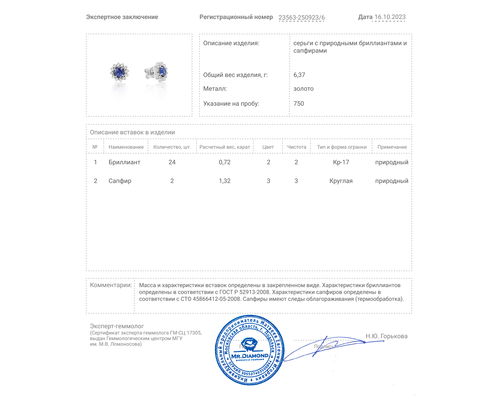 Золотые серьги с сапфирами 1.32ct и бриллиантами 0.72ct