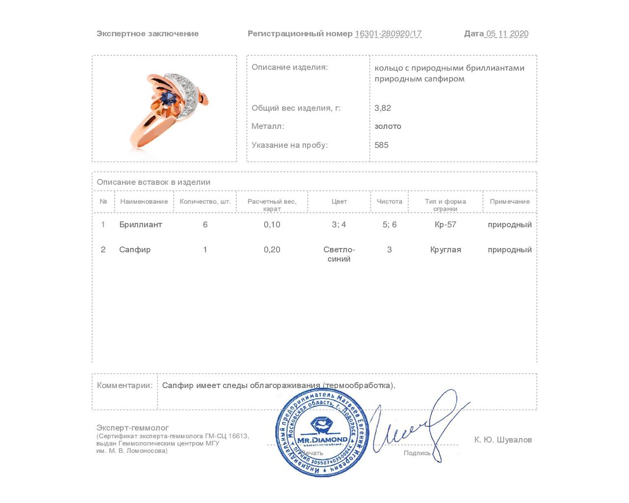 Изящное золотое кольцо с сапфиром 0.20ct