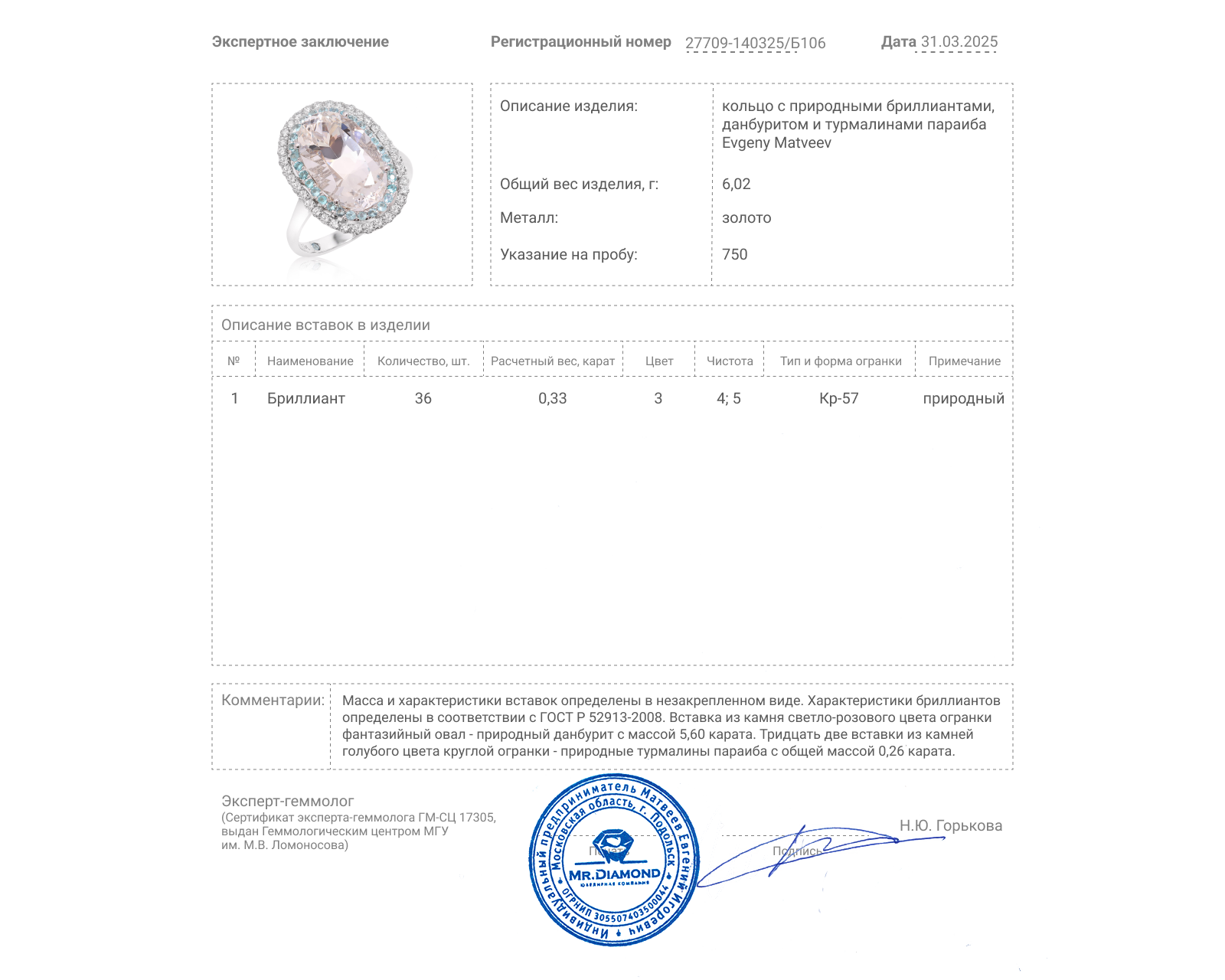 Золотое кольцо с данбуритом 5.60ct Evgeny Matveev
