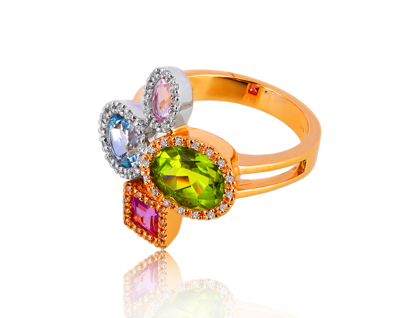Королевское золотое кольцо с цветными камнями 200919/4
