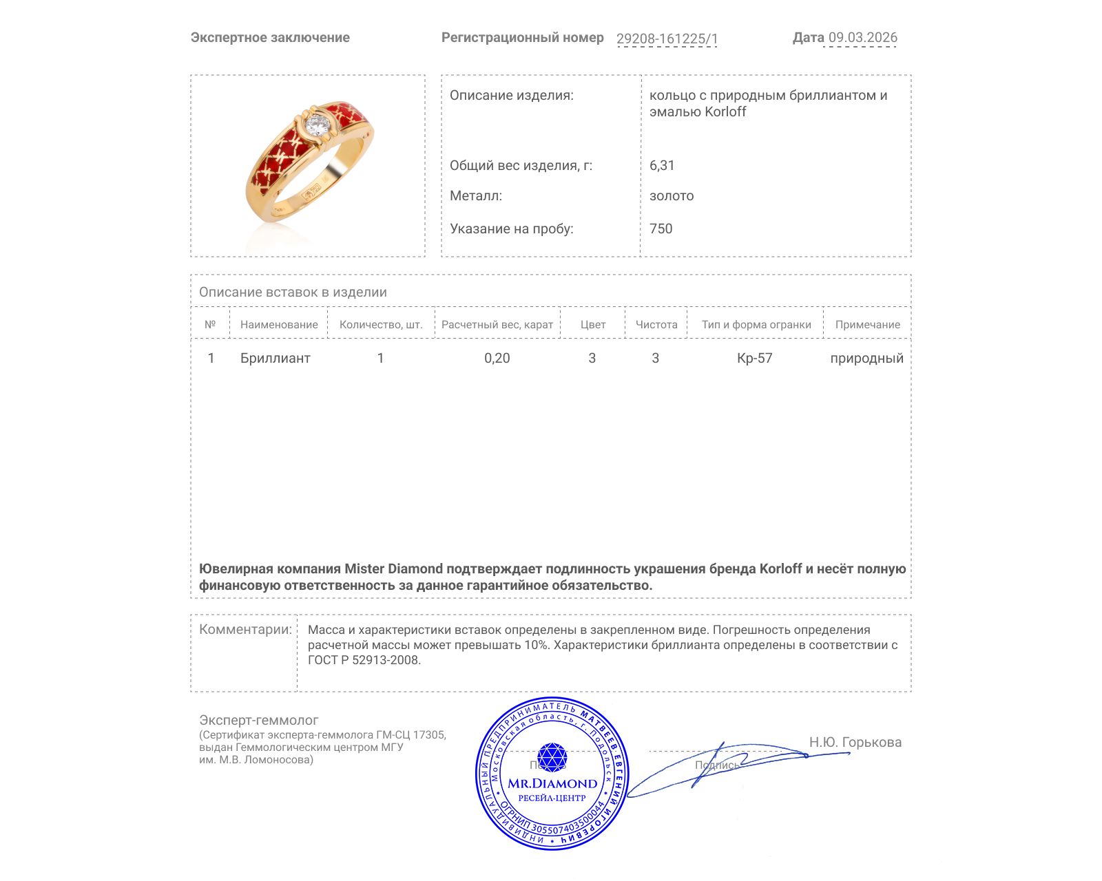 Оригинальное золотое кольцо с бриллиантом 0.20ct Korloff