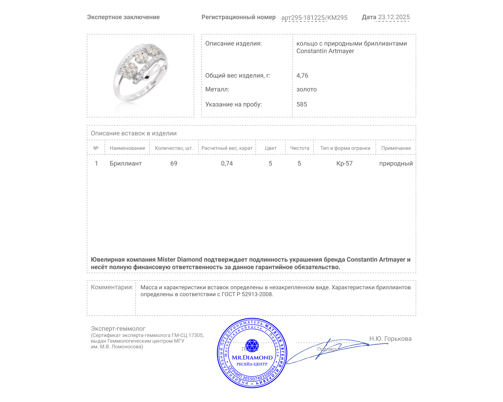 Оригинальное золотое кольцо с бриллиантами 0.74ct Constantin Artmayer