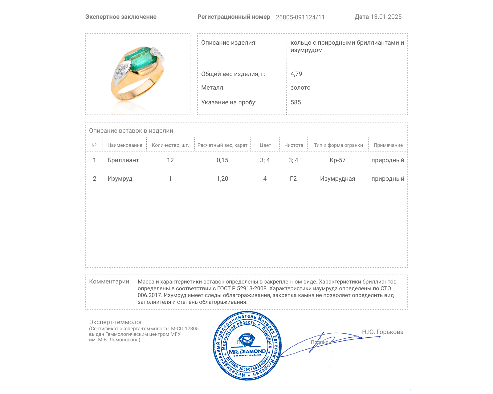 Золотое кольцо с изумрудом 1.20ct и бриллиантами 0.15ct