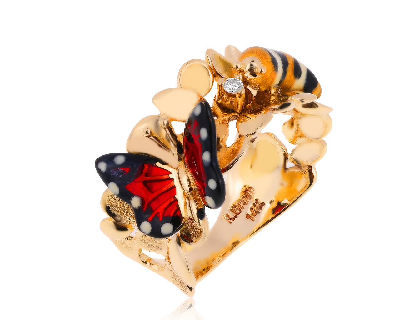 Оригинальное золотое кольцо с эмалью Roberto Bravo Monarch Butterfly
