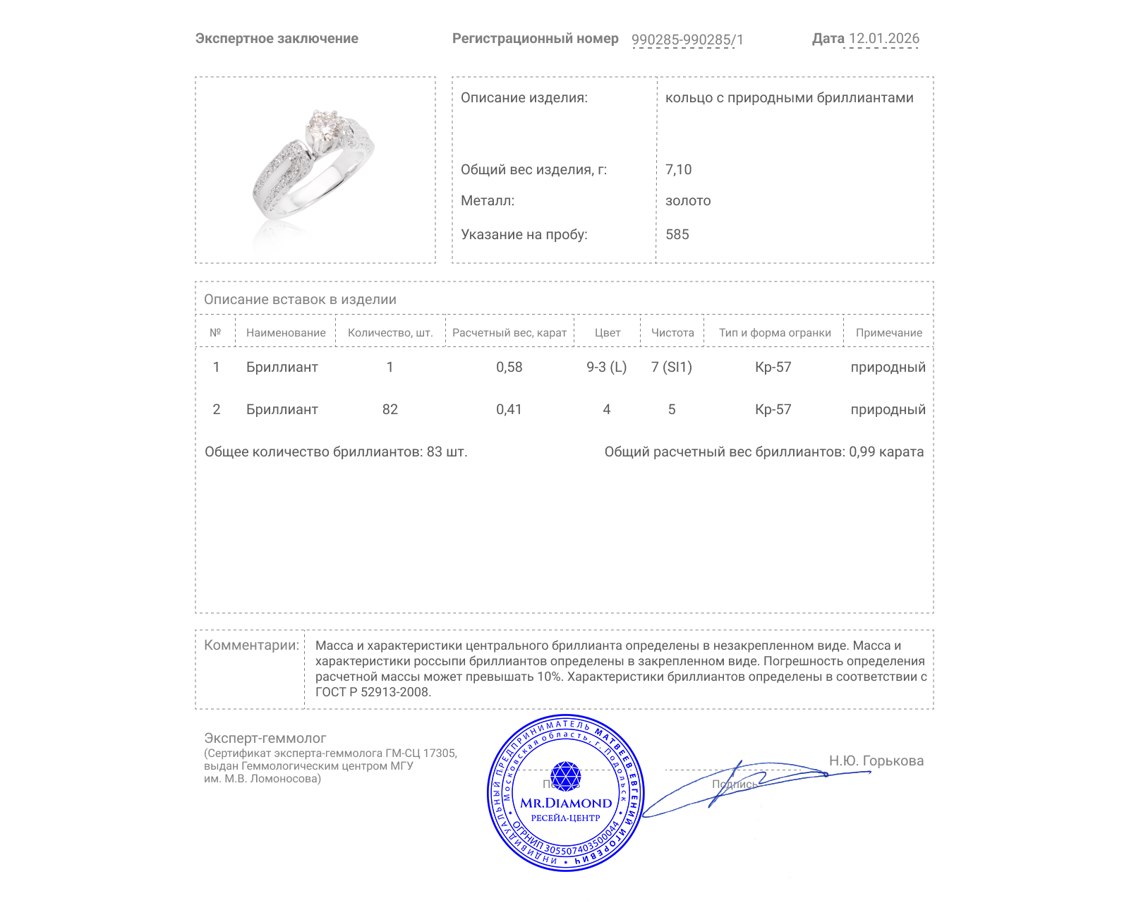 Золотое кольцо с бриллиантами 0.99ct