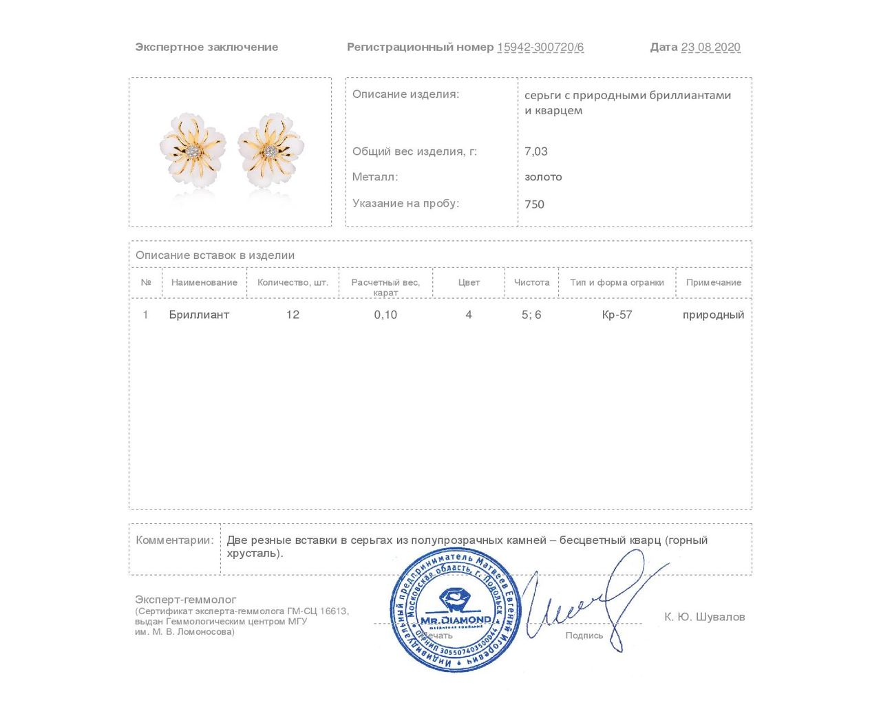 Женственные золотые серьги с бриллиантами 0.10ct