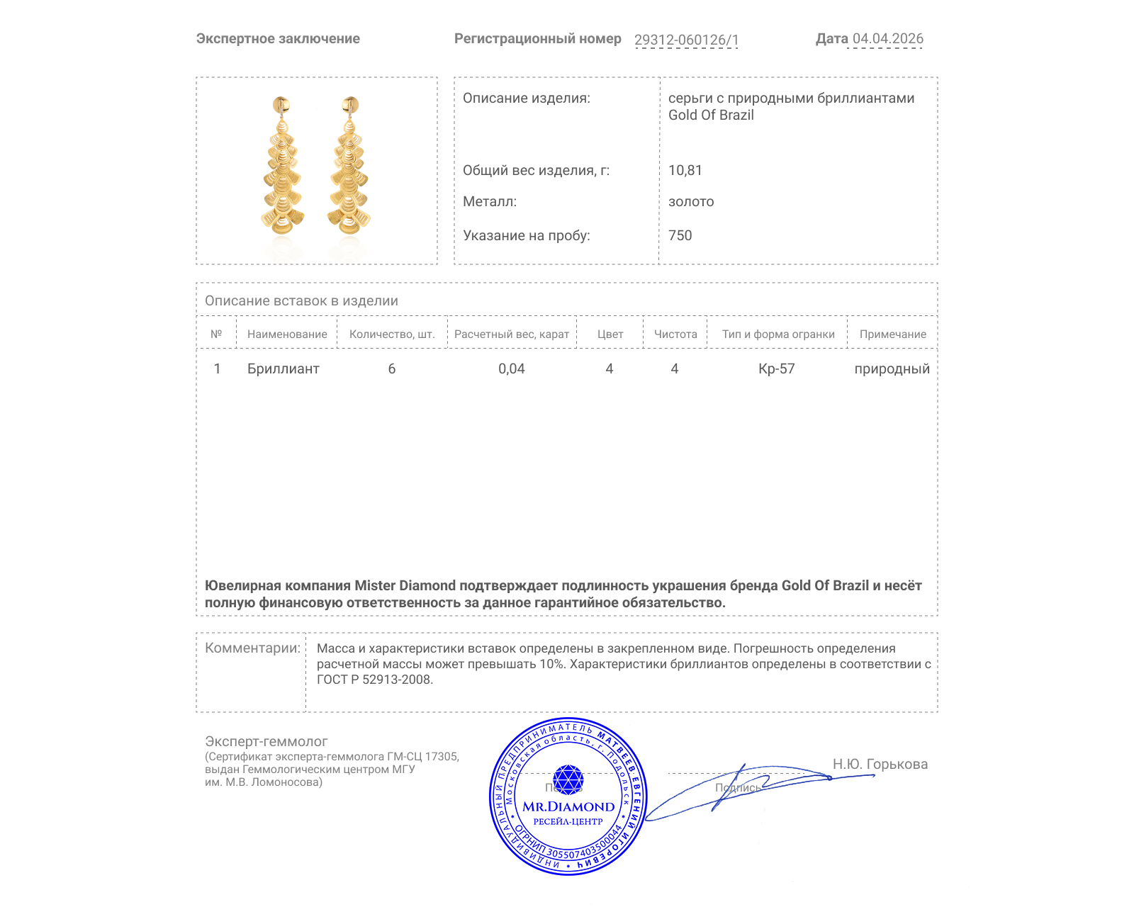 Оригинальные золотые серьги с бриллиантами 0.04ct Gold Of Brazil