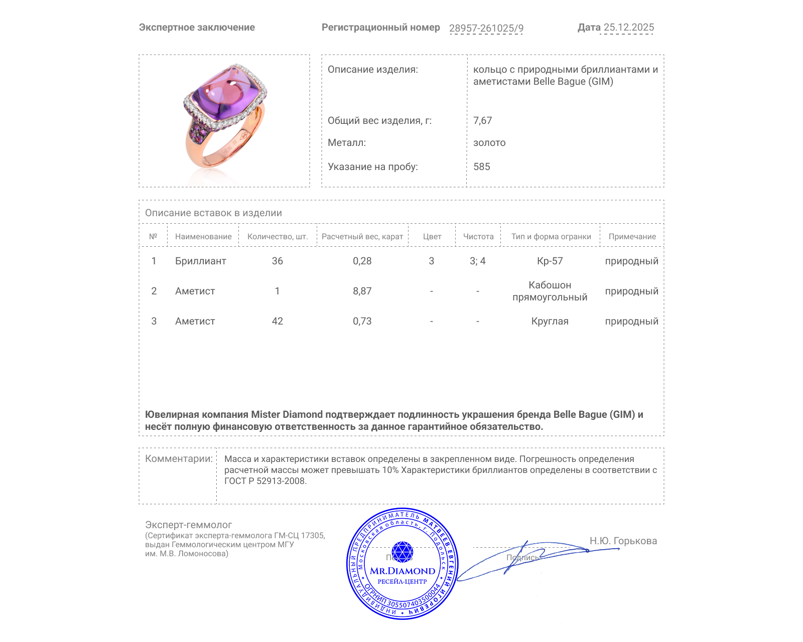 Оригинальное золотое кольцо с аметистами 9.60ct Belle Bague (GIM)