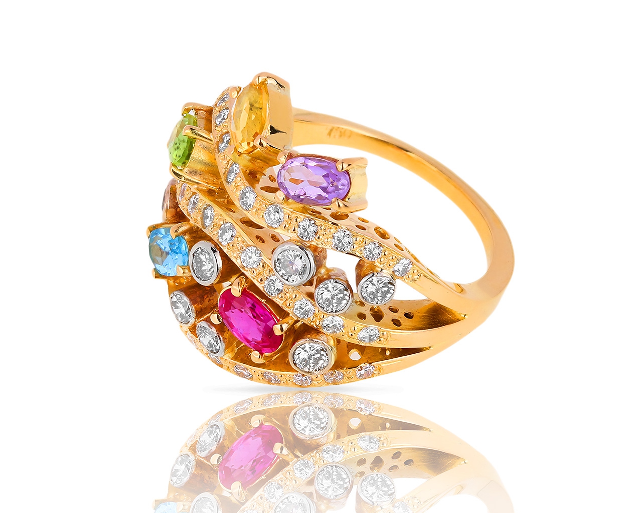 Яркое золотое кольцо с бриллиантами 1.01ct и цветными камнями 050718/3