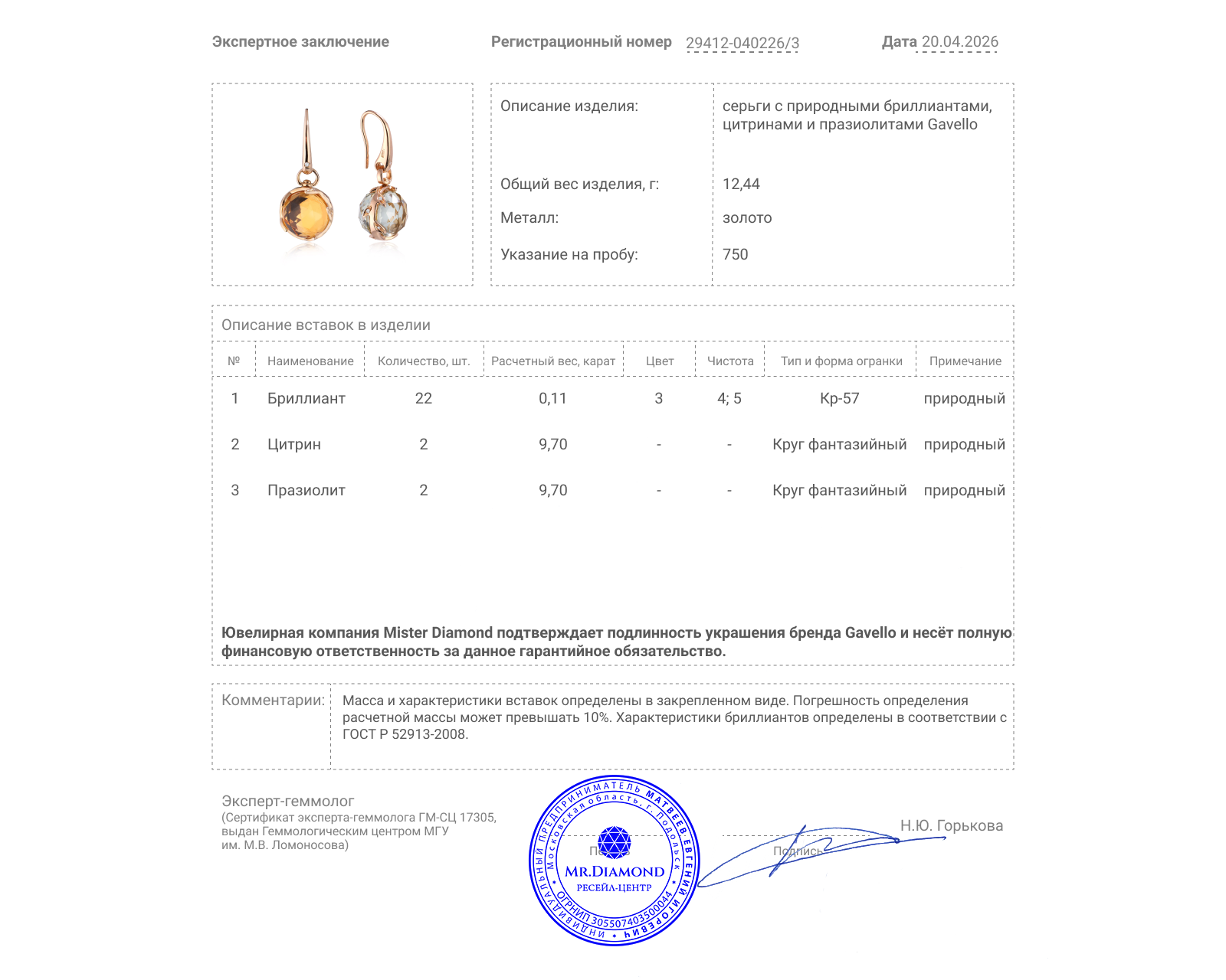 Оригинальные золотые серьги с цитринами 9.70ct и празиолитами 9.70ct Gavello