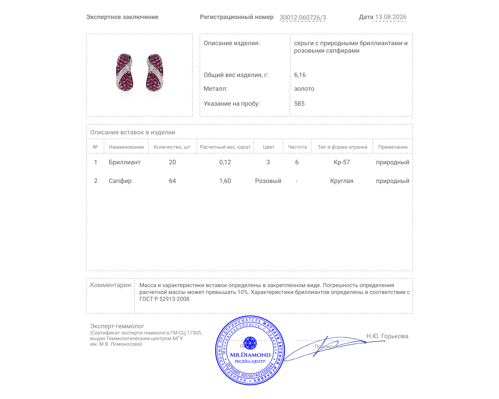 Золотые серьги с сапфирами 1.60ct и бриллиантами 0.12ct