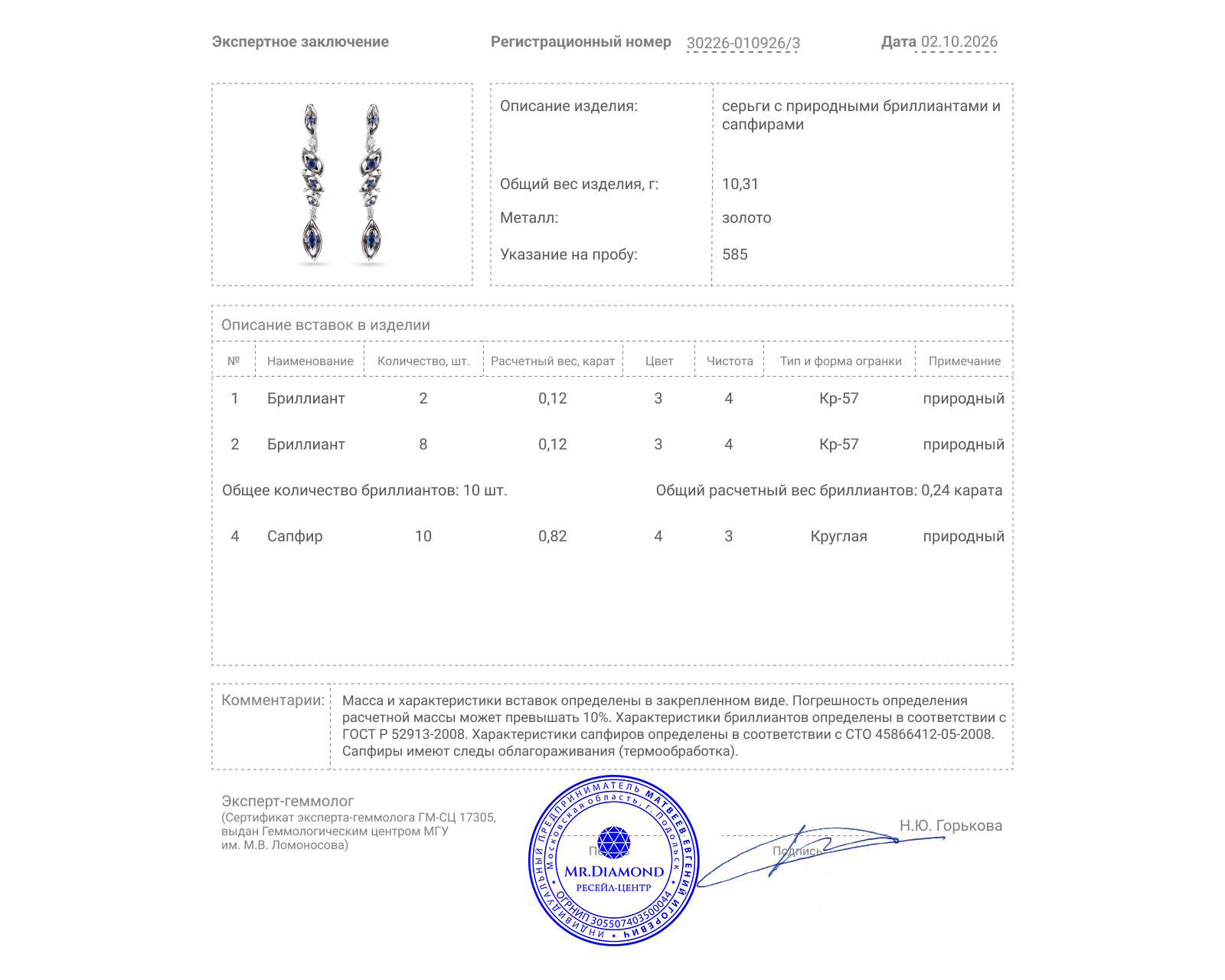 Золотые серьги с сапфирами 0.82ct и бриллиантами 0.24ct