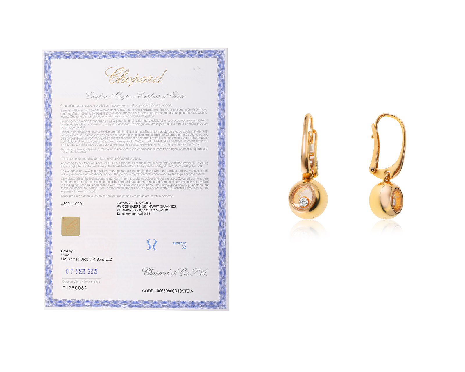 Оригинальные золотые серьги Chopard Happy Diamonds Miss Happy