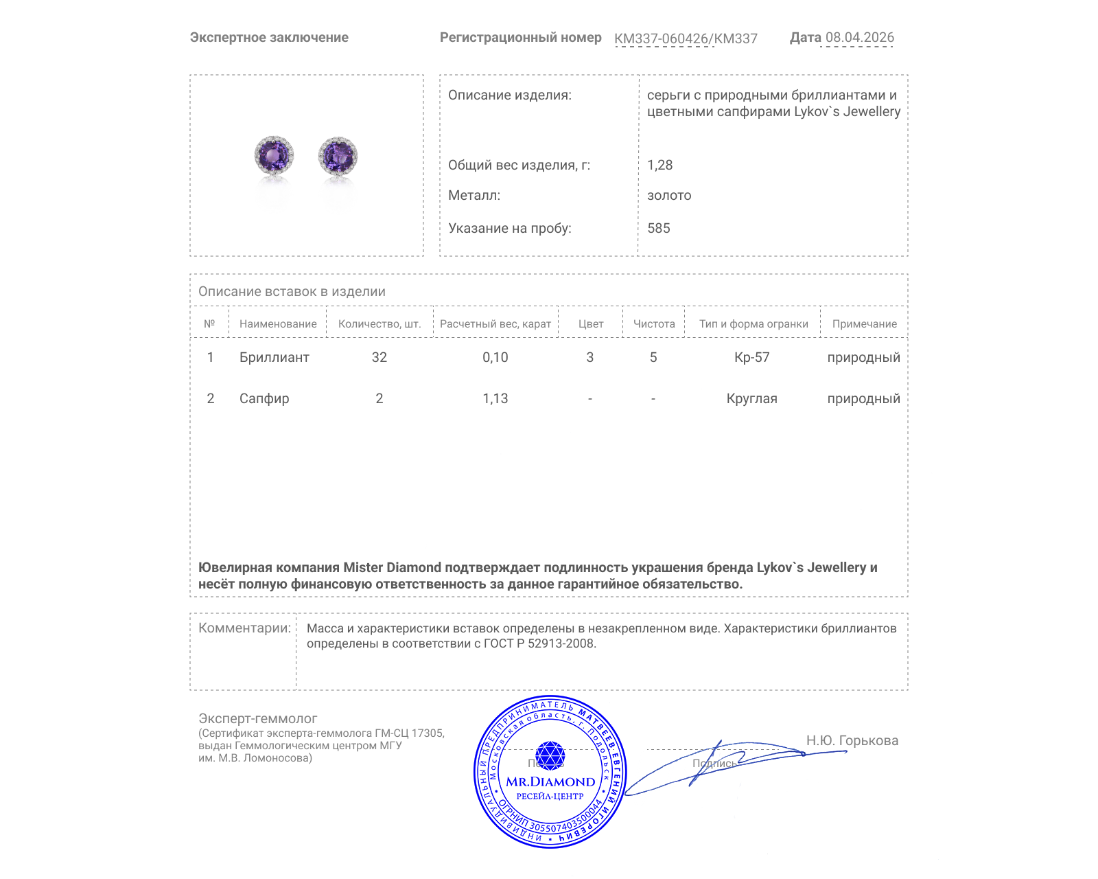 Оригинальные золотые серьги с цветными сапфирами 1.13ct Lykov`s Jewellery
