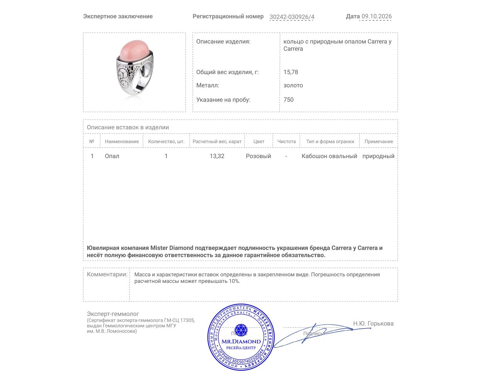 Оригинальное золотое кольцо с опалом 13.32ct Carrera y Carrera Aqua