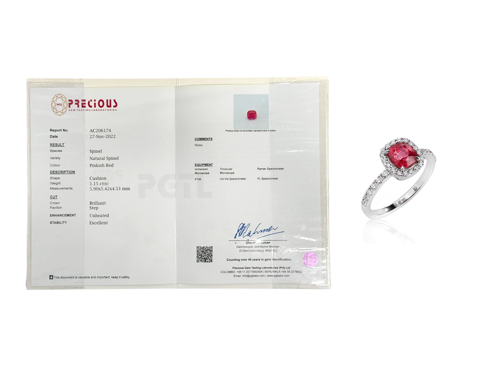 Золотое кольцо со шпинелью 1.15ct и бриллиантами 0.21ct