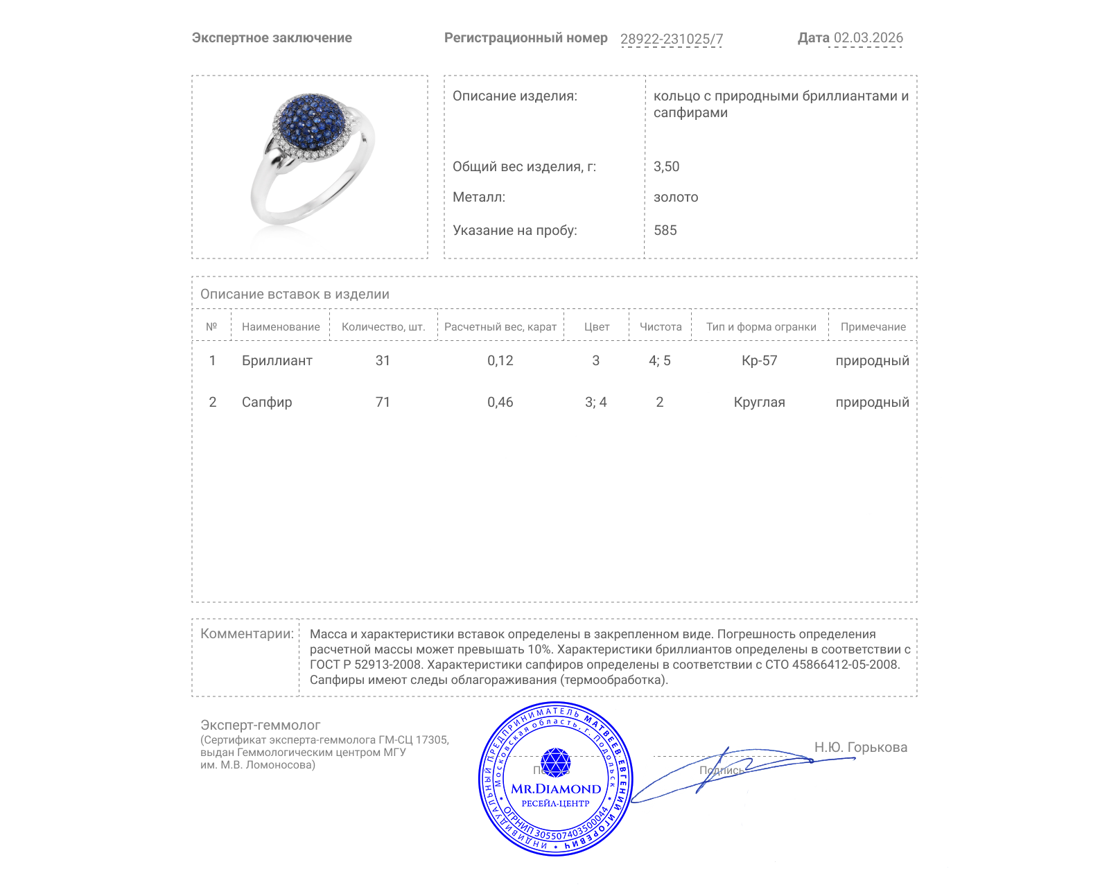 Золотое кольцо с сапфирами 0.46ct и бриллиантами 0.12ct